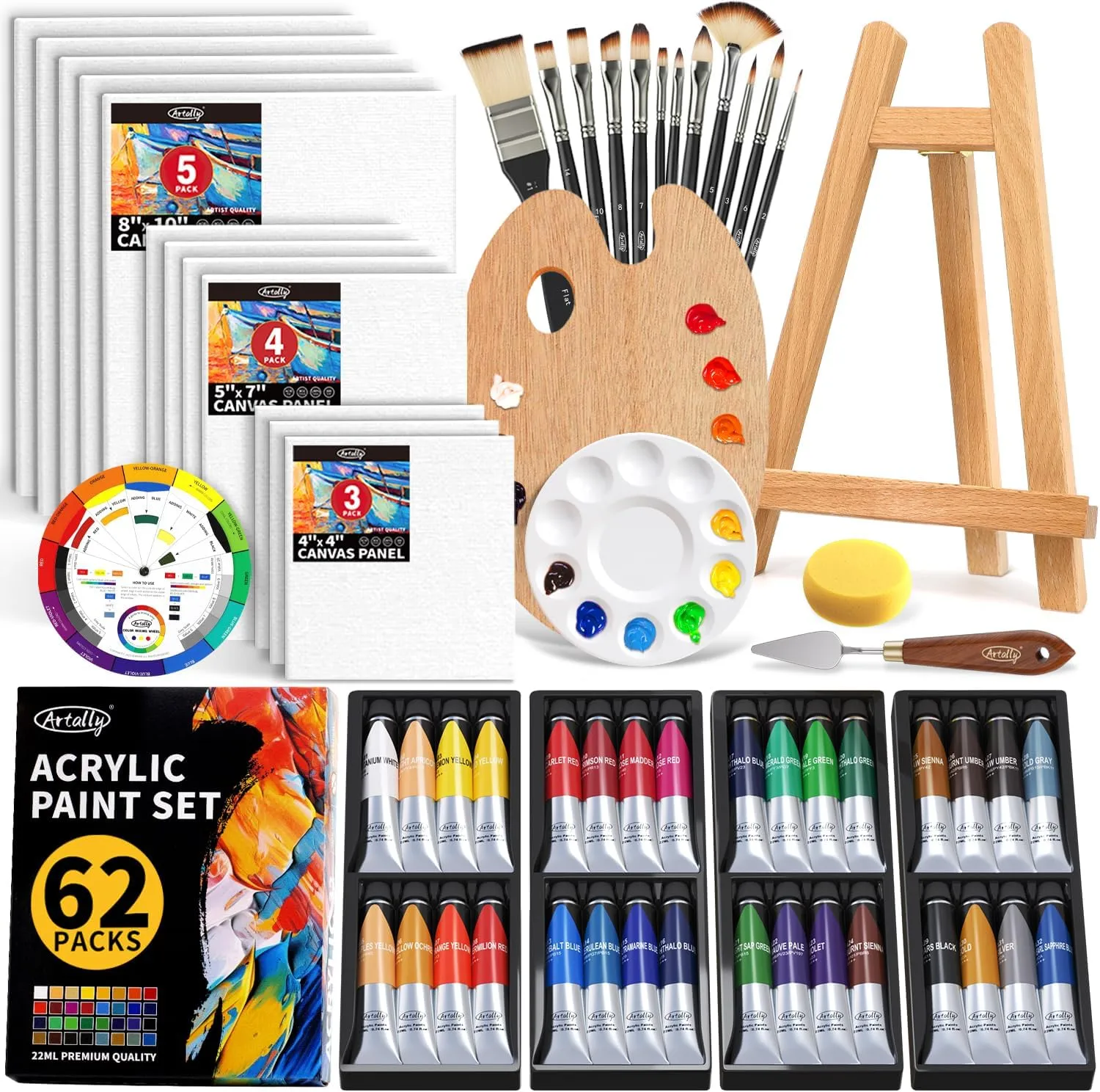 ARTALLY Acrylic Paint Set for Adults & Kids, 62 Pcs Canvas Painting Kits, 32 Colors Acrylic Paint (22ML),Table Easel,Brushes,Canvas, Art Painting Supplies Kit for Students,Artists,Beginners