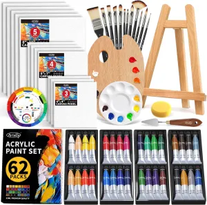 ARTALLY Acrylic Paint Set for Adults & Kids, 62 Pcs Canvas Painting Kits, 32 Colors Acrylic Paint (22ML),Table Easel,Brushes,Canvas, Art Painting Supplies Kit for Students,Artists,Beginners