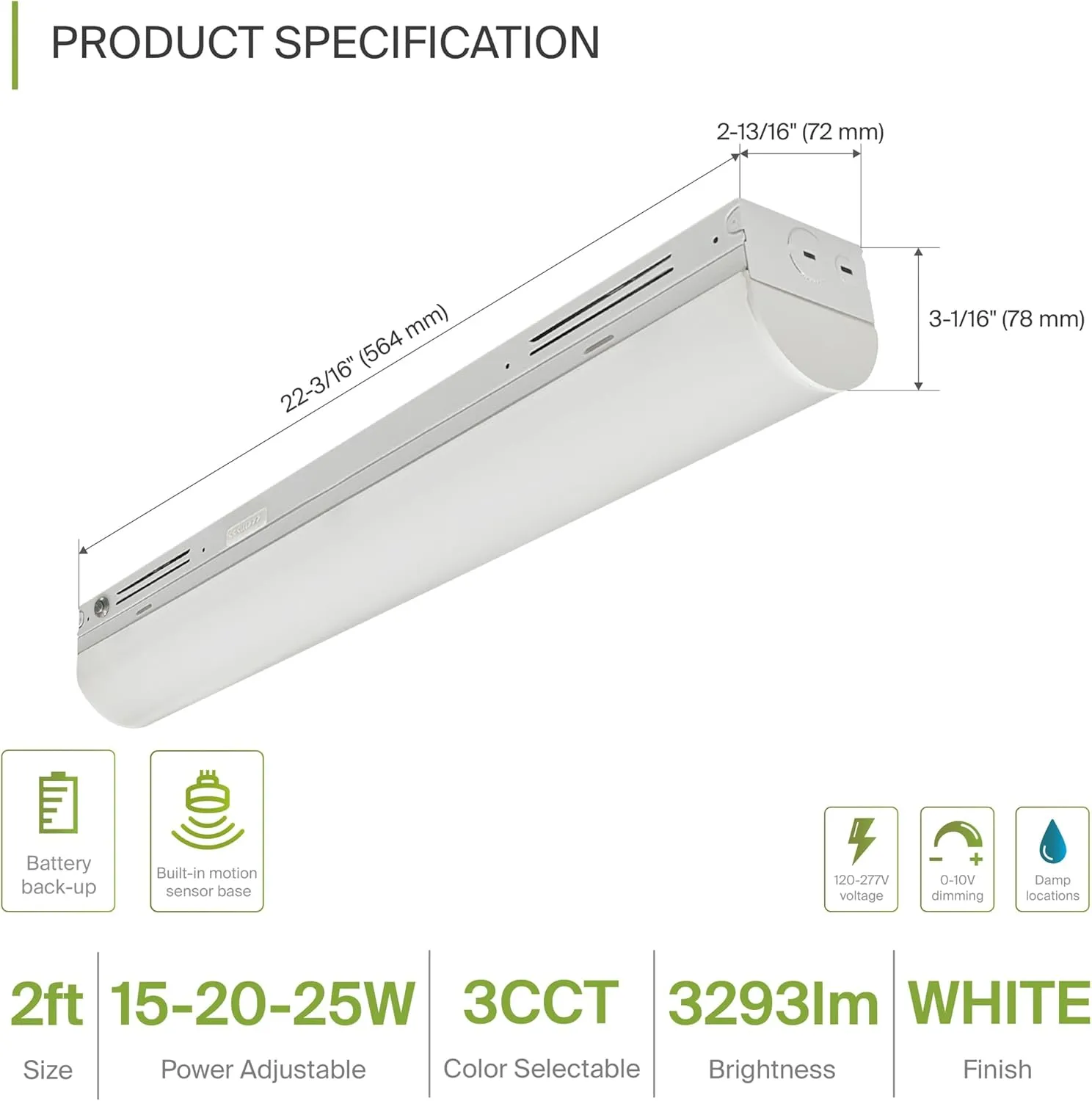 ASD 2ft LED Linear Strip Light Fixture with Emergency Battery Backup & Q-Base | 15W-25W 120-277V 3500K-5000K Adjustable Linkable LED Shop Light | UL DLC Stairwell Certified Luminaire