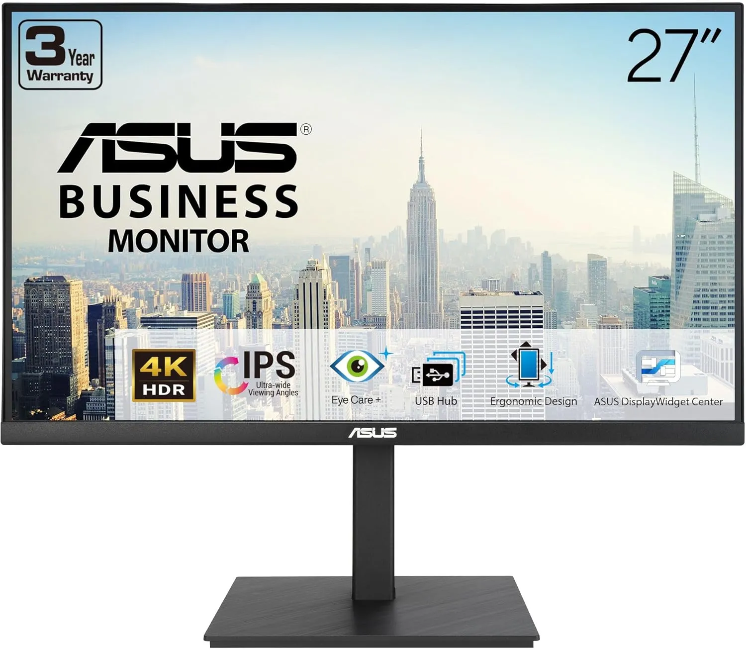 ASUS 27” 4K Business Monitor (VA27UQSB) - UHD (3840 x 2160), IPS, Frameless, HDR10, DisplayPort, Dual HDMI, Speakers, Eye Care, Ergonomic, pivot, swivel, height adjustable, DisplayWidget, 3yr warranty