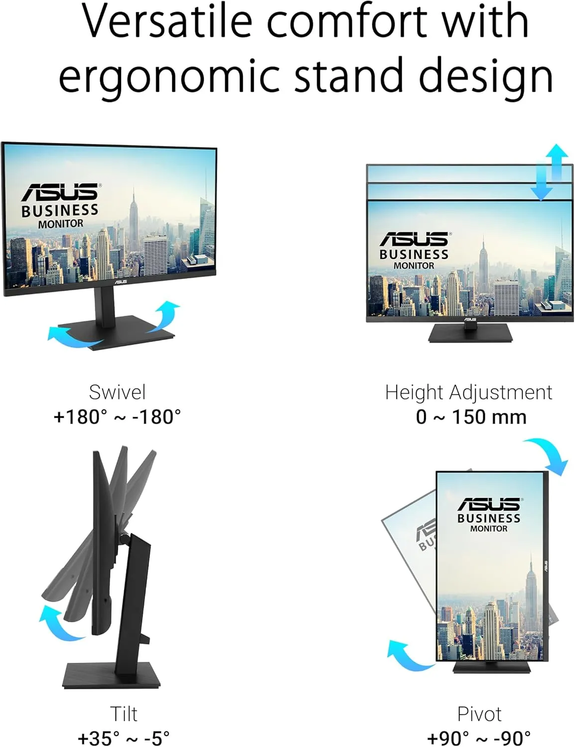ASUS 27” 4K Business Monitor (VA27UQSB) - UHD (3840 x 2160), IPS, Frameless, HDR10, DisplayPort, Dual HDMI, Speakers, Eye Care, Ergonomic, pivot, swivel, height adjustable, DisplayWidget, 3yr warranty