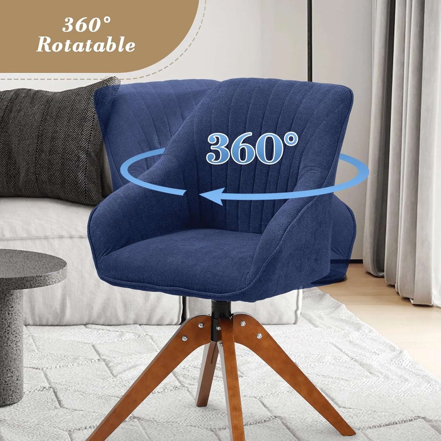 Athena Collection Modern Accent Chair, Comfy Swivel Reading Chair for Adults, Soft Upholstered Fabric Armchair with Wooden Legs for Living Room, Bedroom, Dorm, Office, Blue