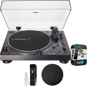 Audio-Technica AT-LP120XUSB-BK Direct-Drive Turntable Analog & USB (Black) Bundle with 2 YR CPS Enhanced Protection Pack, Deco Gear 12" Rubber Mat & Vinyl Record Cleaning Fluid System