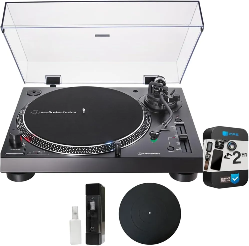 Audio-Technica AT-LP120XUSB-BK Direct-Drive Turntable Analog & USB (Black) Bundle with 2 YR CPS Enhanced Protection Pack, Deco Gear 12" Rubber Mat & Vinyl Record Cleaning Fluid System