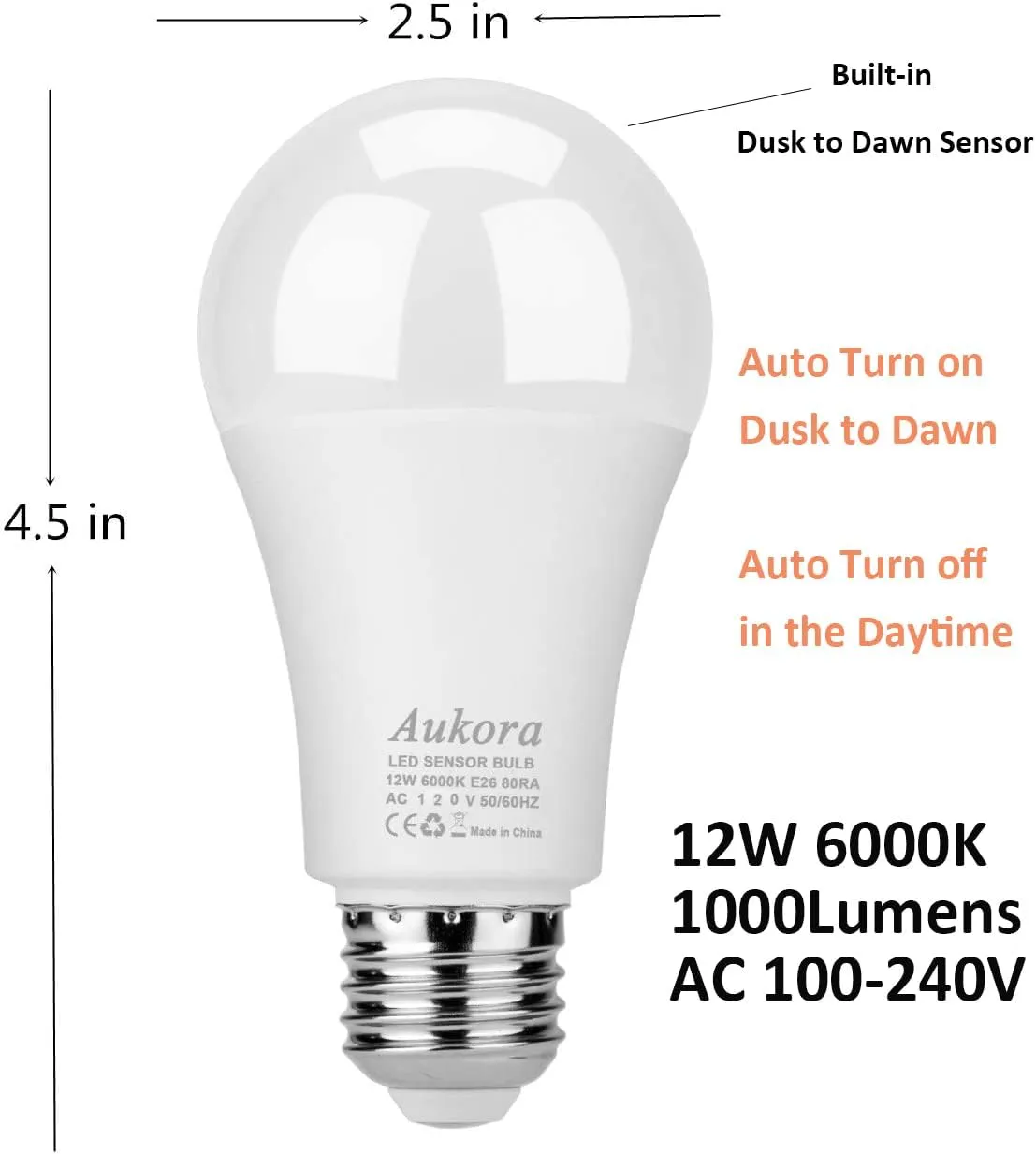 Aukora Led Dusk to Dawn Light Bulb 4 Pack, 12W (100-Watt Equivalent 1000lm) Smart Sensor Light Bulbs Indoor E26/E27 6000K Daylight A19 for Porch Yard Garage Garden Patio Outdoor (Cool White)