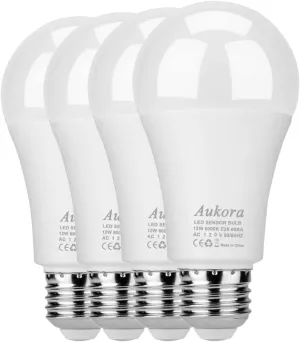 Aukora Led Dusk to Dawn Light Bulb 4 Pack, 12W (100-Watt Equivalent 1000lm) Smart Sensor Light Bulbs Indoor E26/E27 6000K Daylight A19 for Porch Yard Garage Garden Patio Outdoor (Cool White)