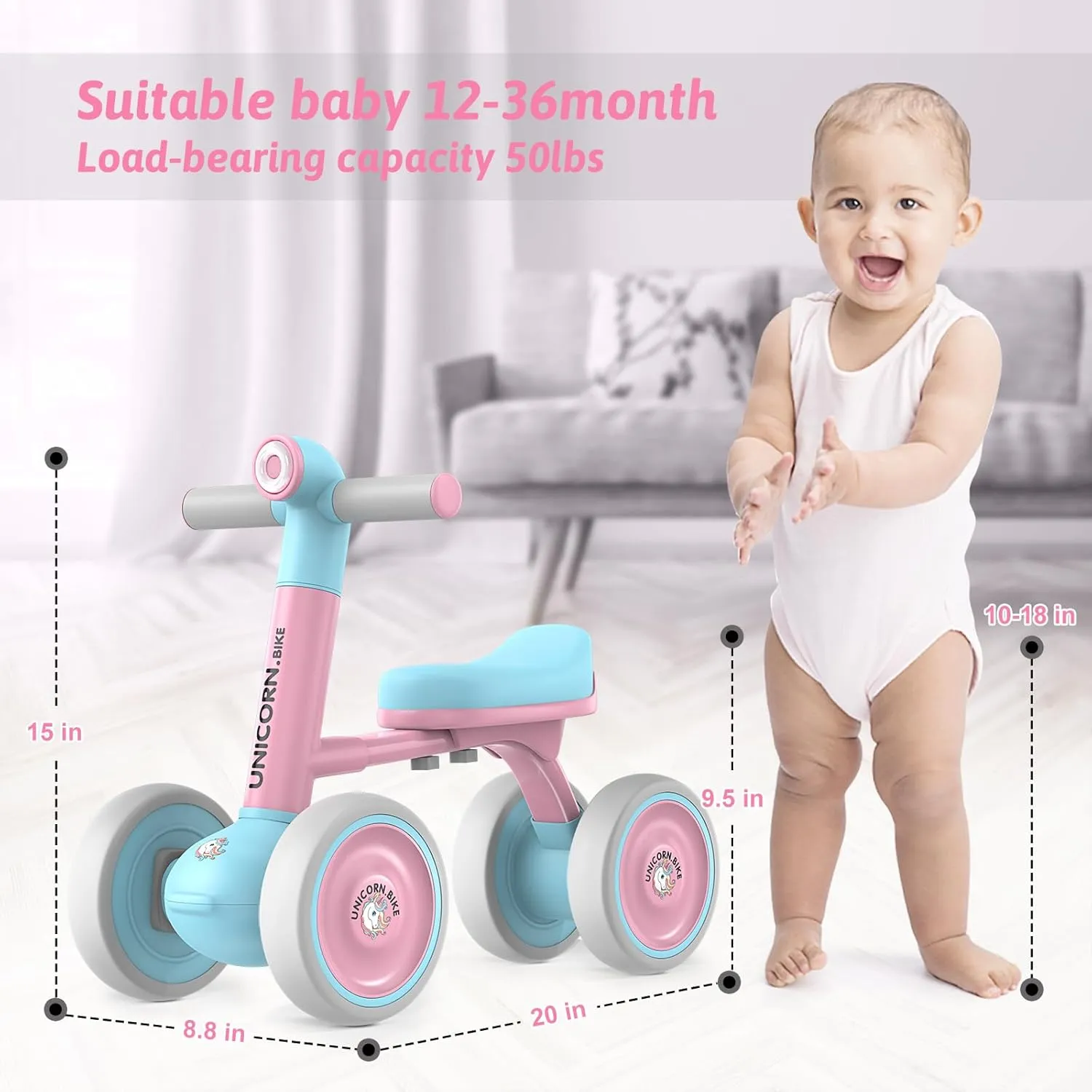 Baby Balance Walker Bike for Toddler: 4 Wheels Pre-School First Bike Walk and Ride On Toys - Ideal 1st Birthday Gifts for 12-24 Months Boys & Girls