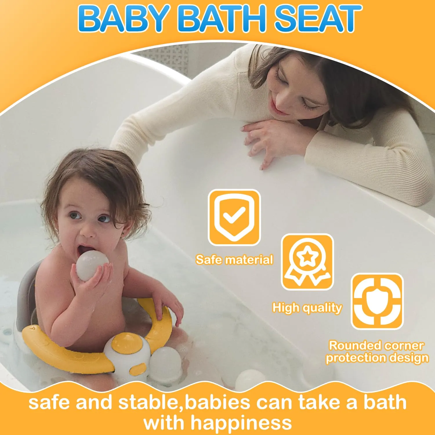 Baby Bath Seat 6 Months & up, Bath Seat for Baby, Infant Bath Seat with Suction Cups, Non-Slip, Detachable,Yellow
