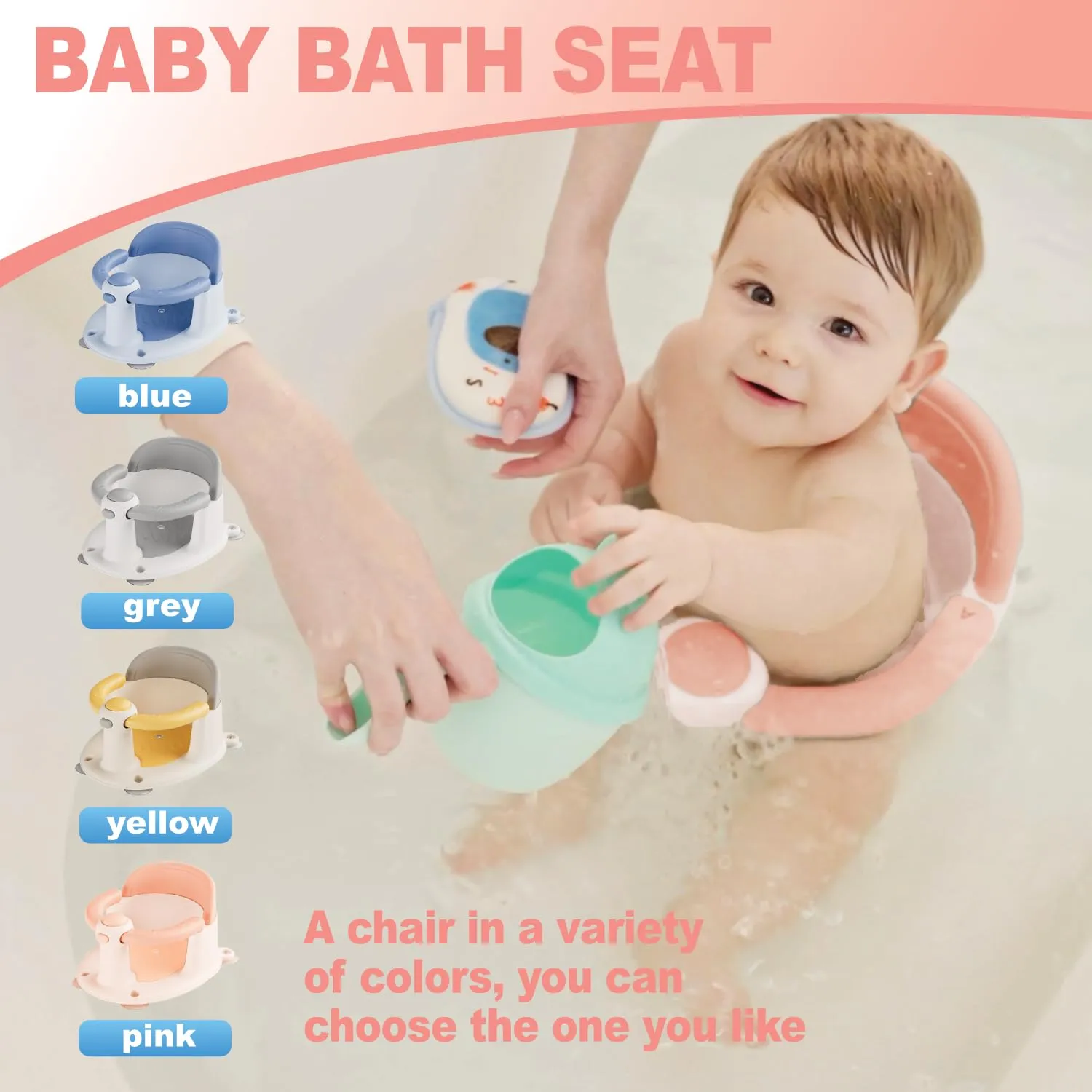 Baby Bath Seat 6 Months & up, Bath Seat for Baby, Toddler Bath Seat with Suction Cups, Non-Slip, Detachable Cute Pink