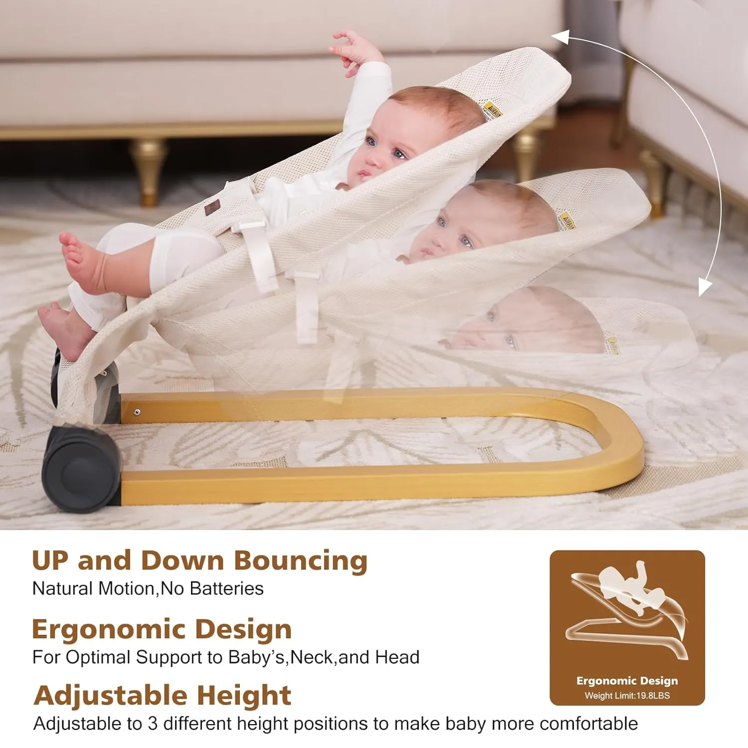 Baby Bouncer,Portable Baby Bouncer Seat & Foldable with 3 Height Adjustments, Ergonomic Bouncer for Babies 0-6 Months, Wood Grain Style, Natural Vibrations, Includes Storage Bag(Mesh Beige)