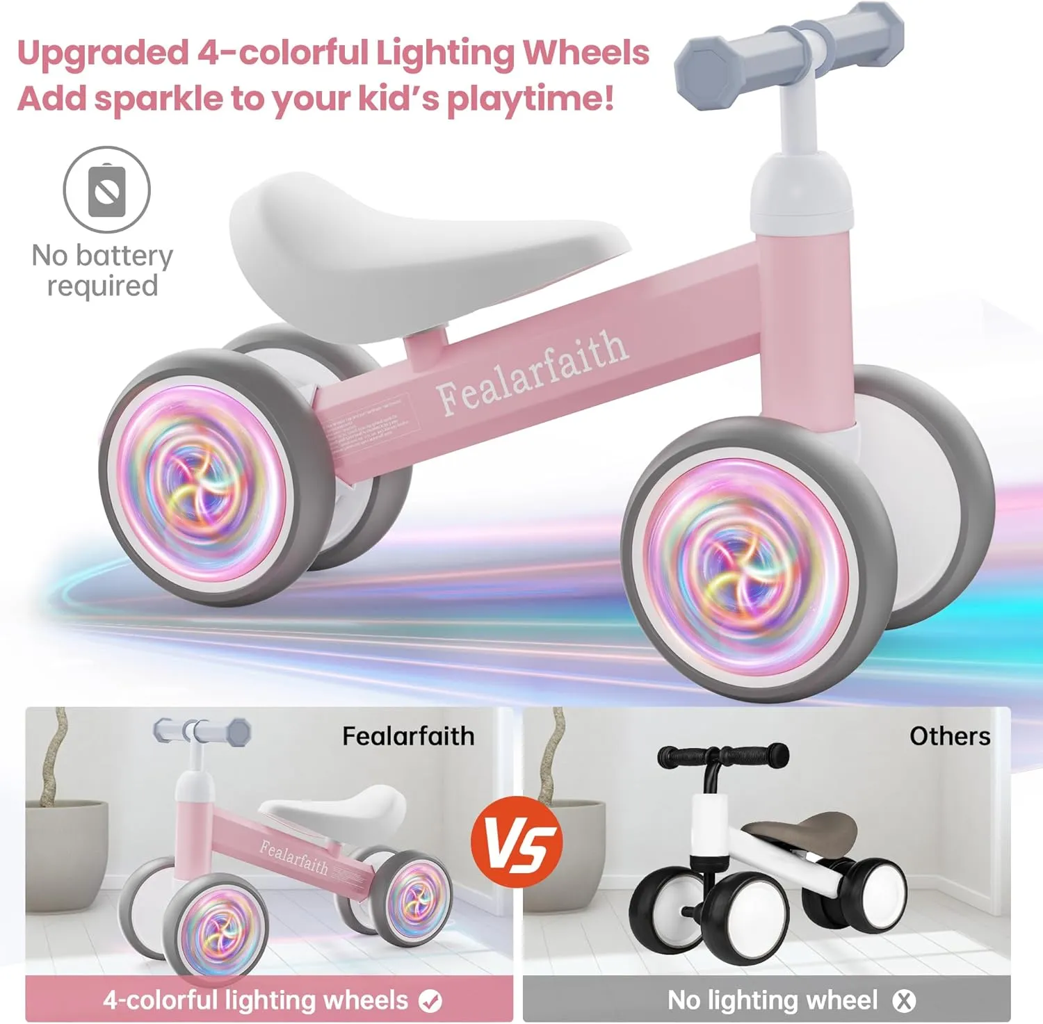Balance Bike, Colorful Lighting Baby Toys for 1 Year Old, 12-24 Months Toddler Ride on Toys for 1-2 Year Boys & Girls Child, Kids First Birthday Gift, Infant Push Bicycle Training Walker for Strider
