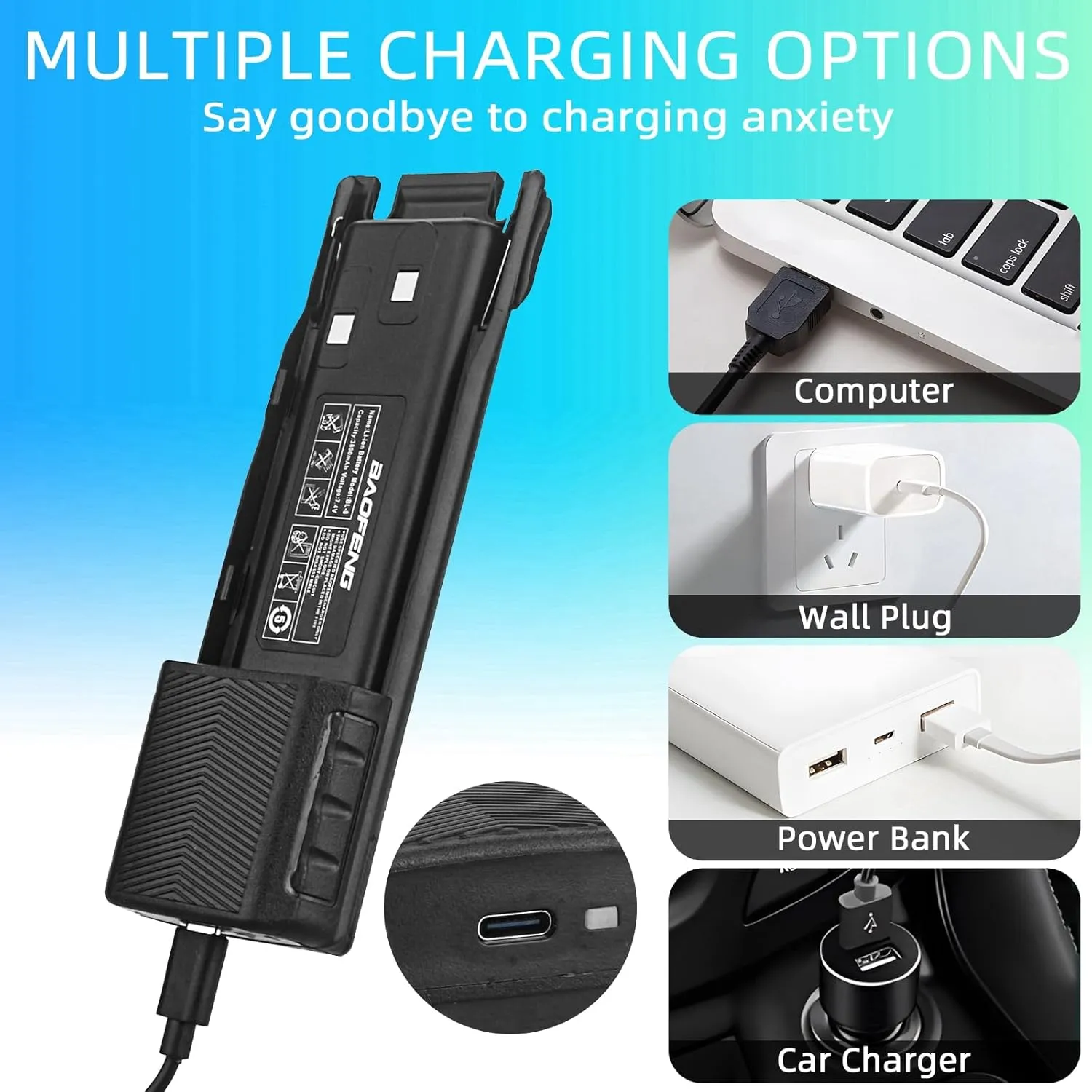 BAOFENG UV-82 Battery,Upgrade 3800mAh High Capacity Extended BL-8 Battery with Type-C Charger UV-82 UV-82L UV-82C UV-89 GMRS Series Two-Way Radio (2Pack USB-C Charging Cable*2)