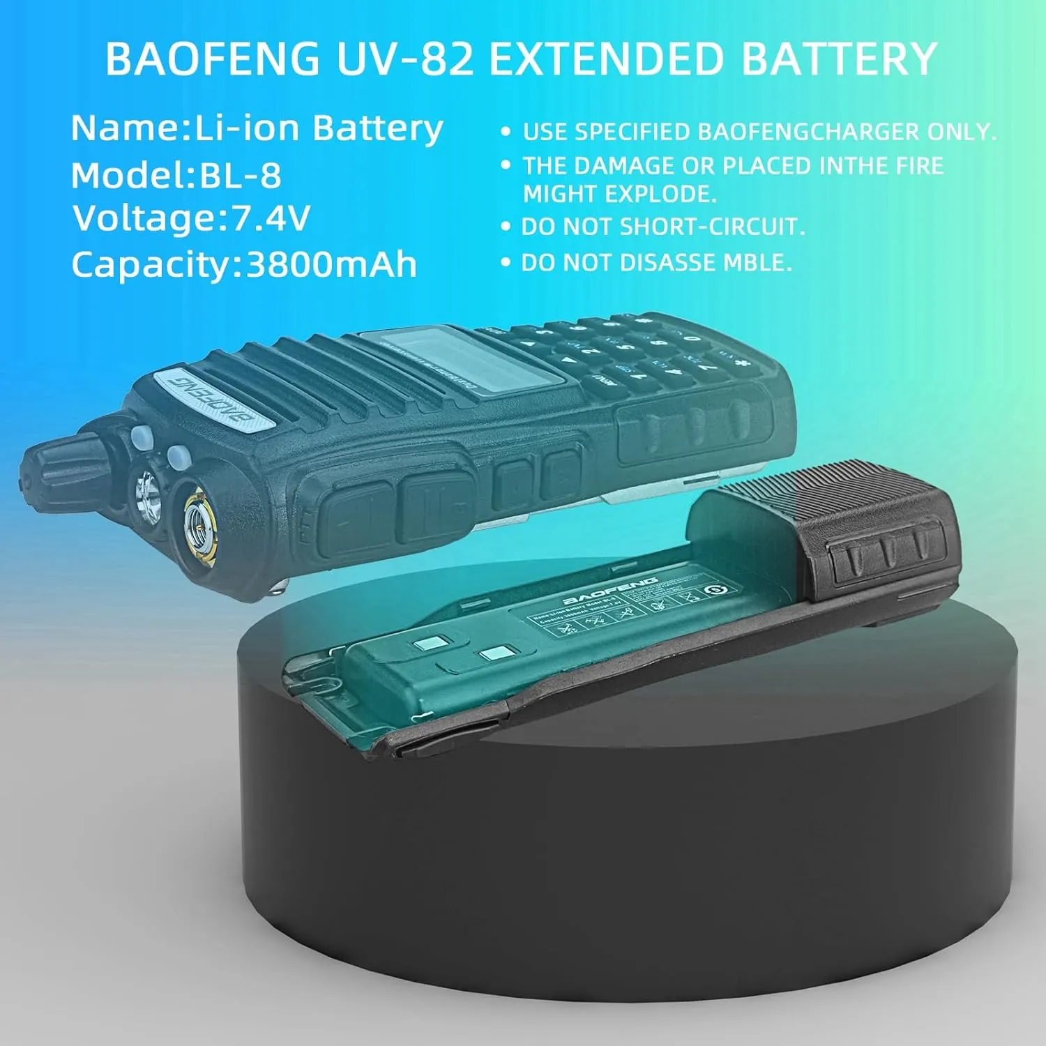 BAOFENG UV-82 Battery,Upgrade 3800mAh High Capacity Extended BL-8 Battery with Type-C Charger UV-82 UV-82L UV-82C UV-89 GMRS Series Two-Way Radio (2Pack USB-C Charging Cable*2)