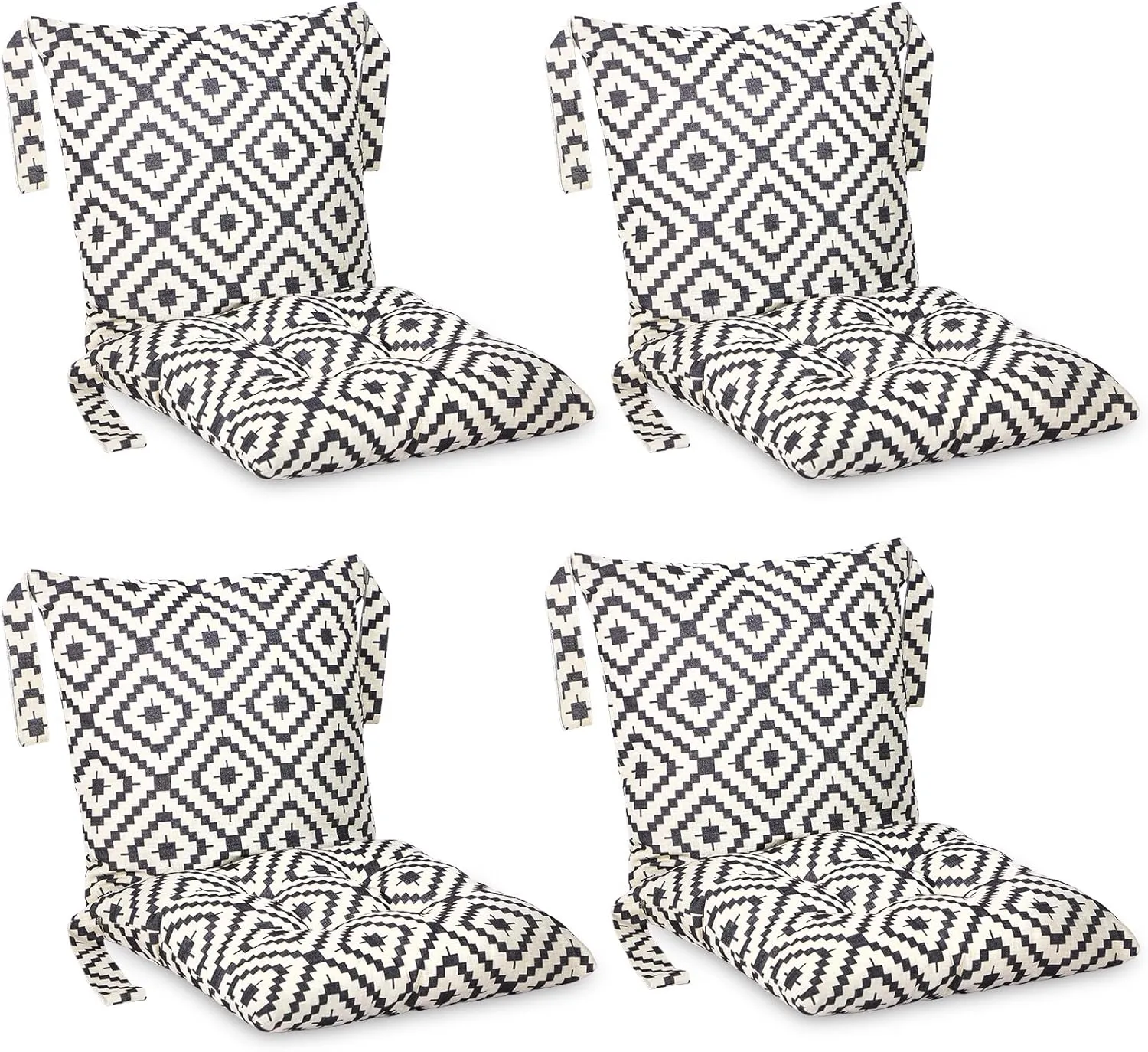 Barydat 4 Pcs Outdoor Patio Chair Cushions with Back, 21.7 x 43.3 Inch Decorative Dining Back Cushions with Tie Buffalo Plaid Indoor Outdoor for Patio Furniture(Black and White Grid)