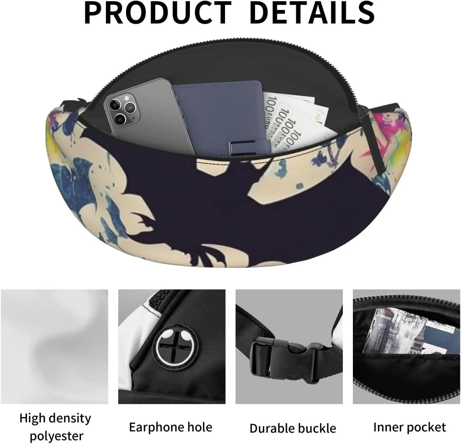 Bat Print Fanny Pack for Man Women Waist Bag Adjustable Belt Casual Chest Bag Bum Bags for Travel Sports Running Hiking Waist Packs