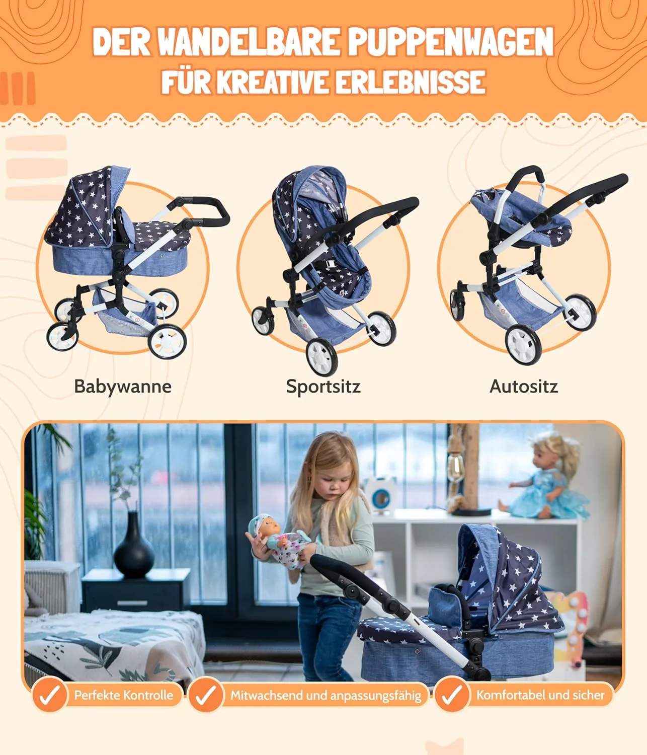 Bayer Chic 2000® Linus 3-in-1 Combination Doll's Pram - Stars Navy - Foldable, Height-Adjustable Handle 47-78 cm, with Car Seat - Dolls up to 52 cm, 4-8 Years