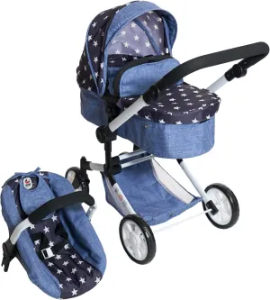 Bayer Chic 2000® Linus 3-in-1 Combination Doll's Pram - Stars Navy - Foldable, Height-Adjustable Handle 47-78 cm, with Car Seat - Dolls up to 52 cm, 4-8 Years