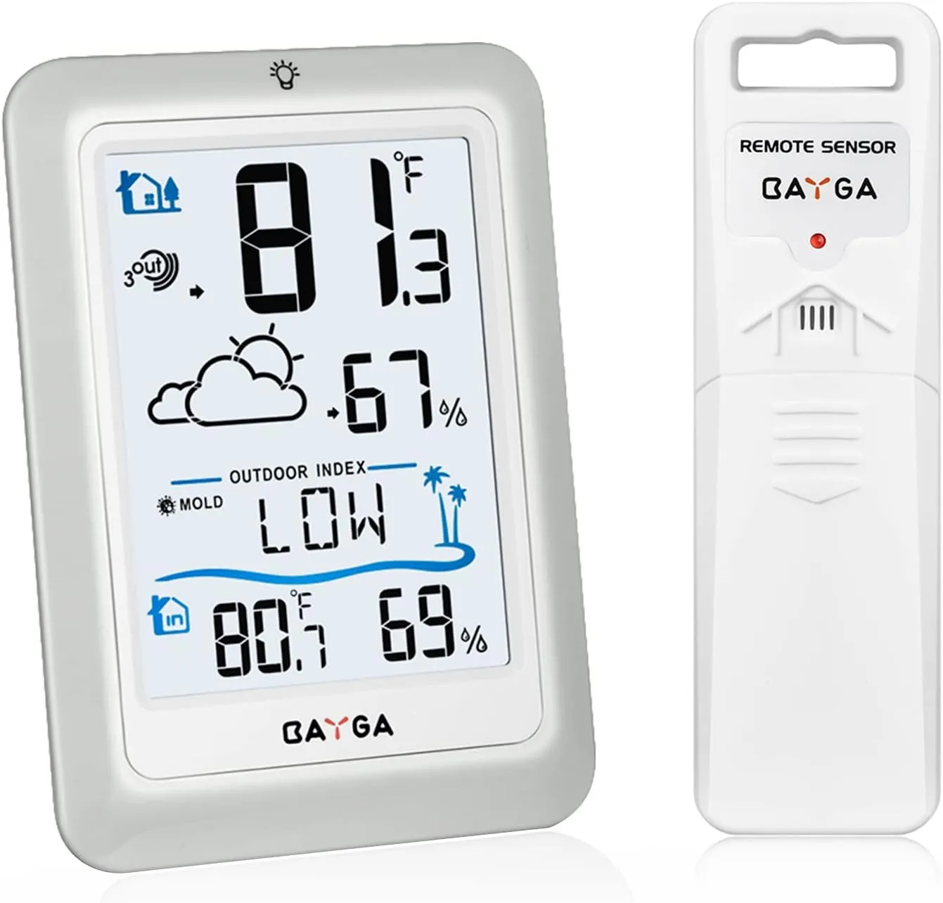 BAYGA Indoor Outdoor Thermometer Wireless Weather Station, Temperature Humidity Monitor with 330ft Range Remote Sensor, 10s Backlight with Heat Dew Mold Index
