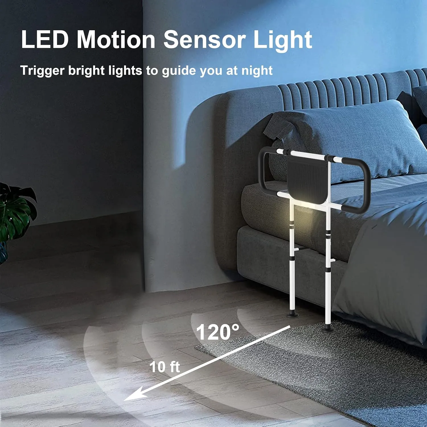 Bed Rails for Elderly Adults Safety: Adjustable Heights Bed Cane with Storage Pocket, Non-Slip Handle, Motion Sensor Light, Bedrails for Elderly Adults Grab Bar Bed Handrails, Can Withstand 400LB