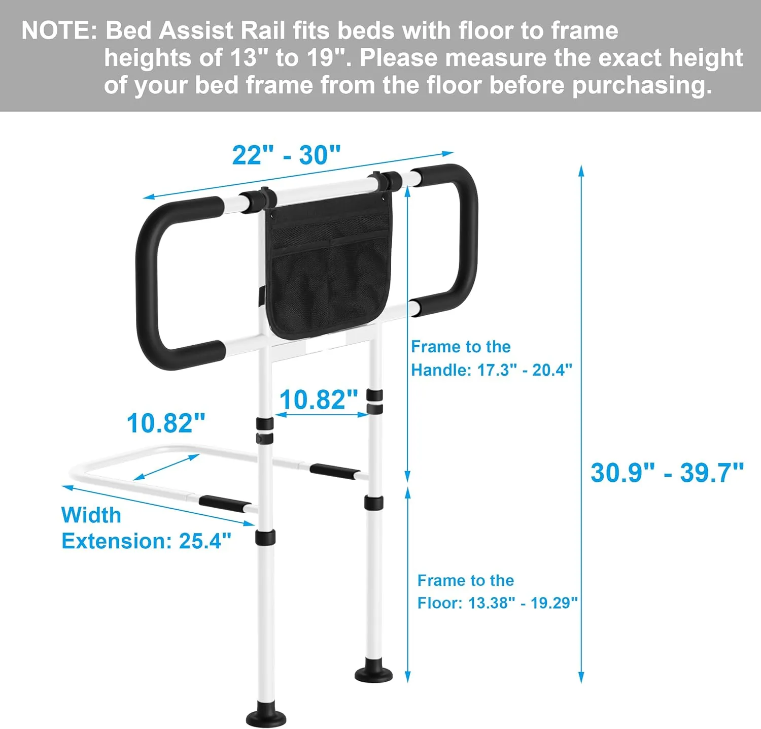 Bed Rails for Elderly Adults Safety: Adjustable Heights Bed Cane with Storage Pocket, Non-Slip Handle, Motion Sensor Light, Bedrails for Elderly Adults Grab Bar Bed Handrails, Can Withstand 400LB