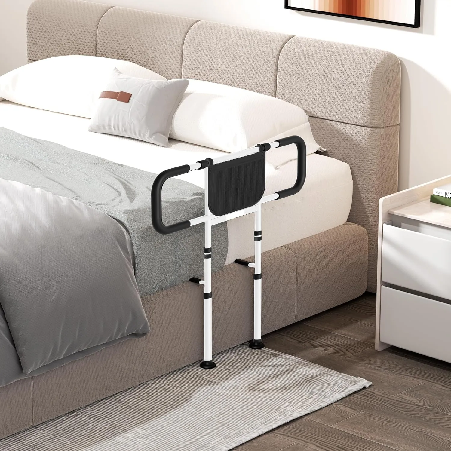 Bed Rails for Elderly Adults Safety: Adjustable Heights Bed Cane with Storage Pocket, Non-Slip Handle, Motion Sensor Light, Bedrails for Elderly Adults Grab Bar Bed Handrails, Can Withstand 400LB