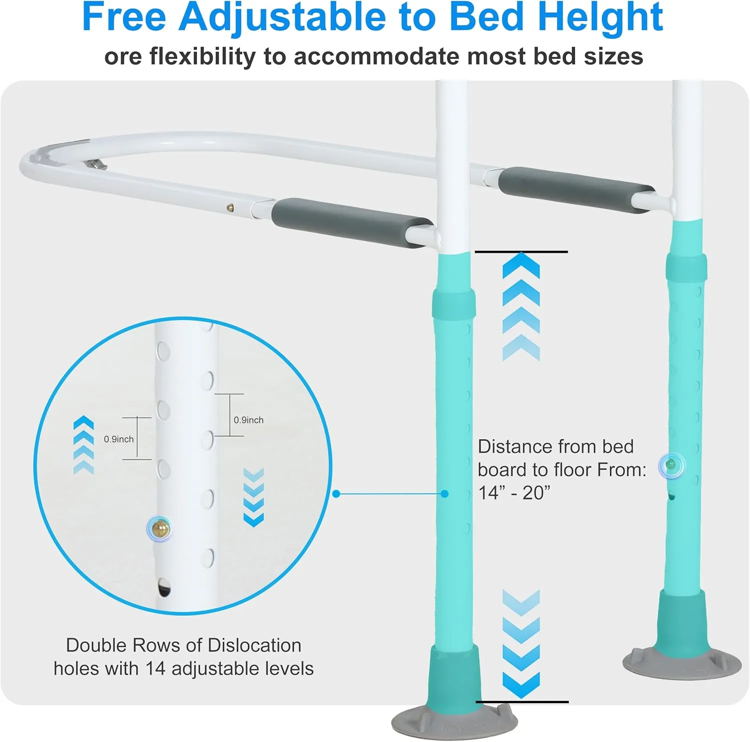 Bed Rails for Elderly Adults Safety: Bed Assist Rail with Adjustable Double Grips, Storage Pocket, Motion Sensor Light, Fits King, Queen, Full, Twin, Can Withstand 400LB (White)