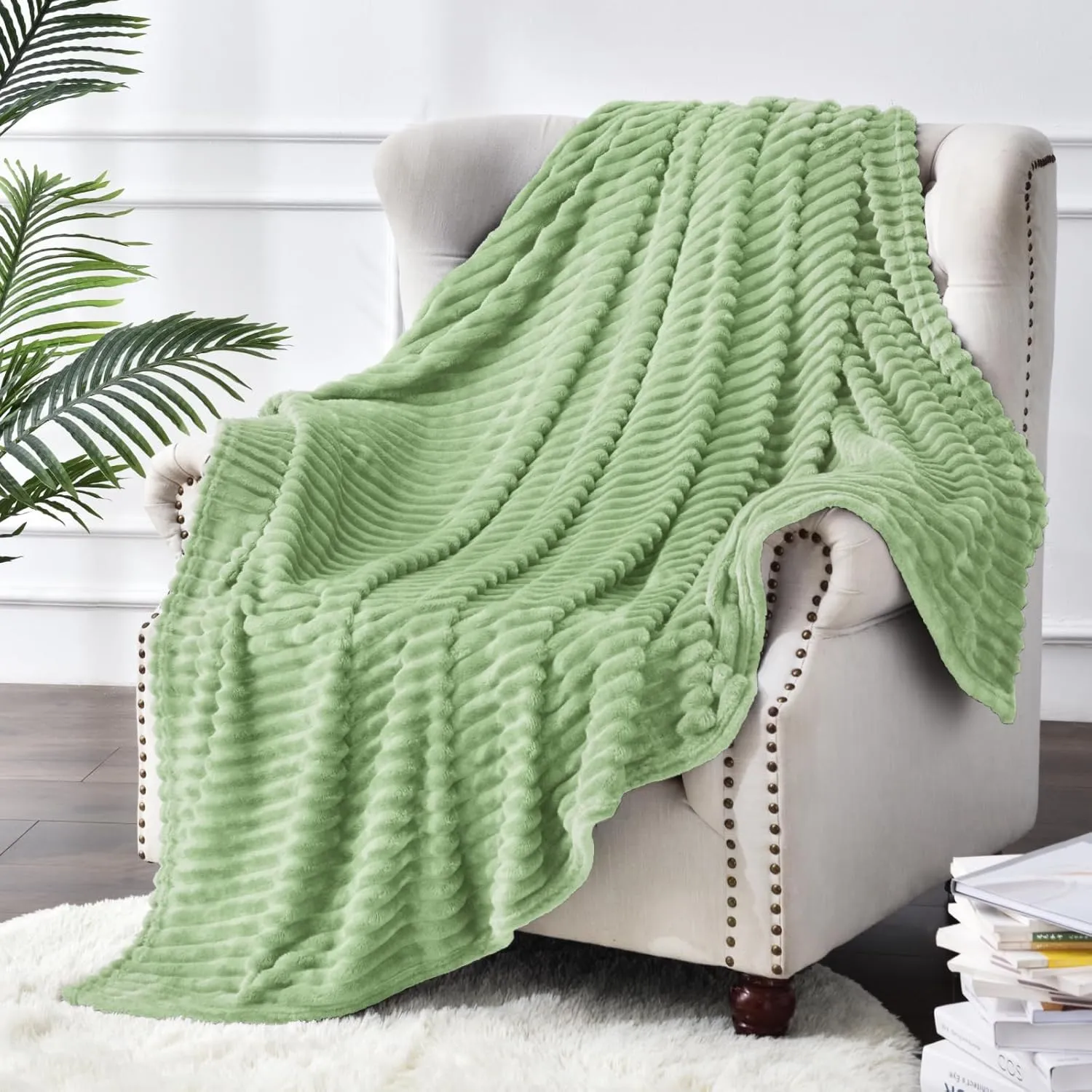BEDELITE Fleece Throw Blanket for Couch – 3D Ribbed Jacquard Soft and Warm Decorative Fuzzy Blanket – Cozy, Fluffy, Plush Lightweight Sage Green Throw Blankets for Bed, Sofa, 50x60 inches