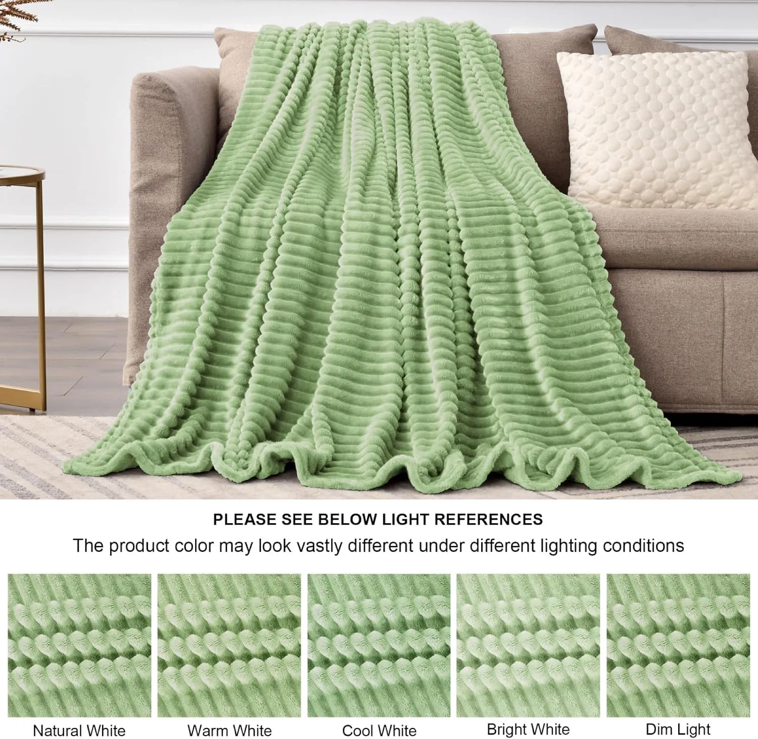 BEDELITE Fleece Throw Blanket for Couch – 3D Ribbed Jacquard Soft and Warm Decorative Fuzzy Blanket – Cozy, Fluffy, Plush Lightweight Sage Green Throw Blankets for Bed, Sofa, 50x60 inches