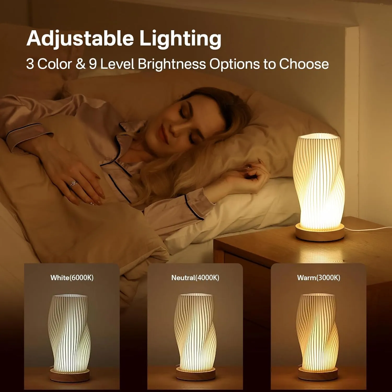 Bedside Lamp with Woodbase - Button Control Table Lamp for Bedroom 12 Way Dimmable Nightstand Lamp with PLA Lampshade for Living Room, Kids Room, College Dorm, Office, Mothers Day Gifts