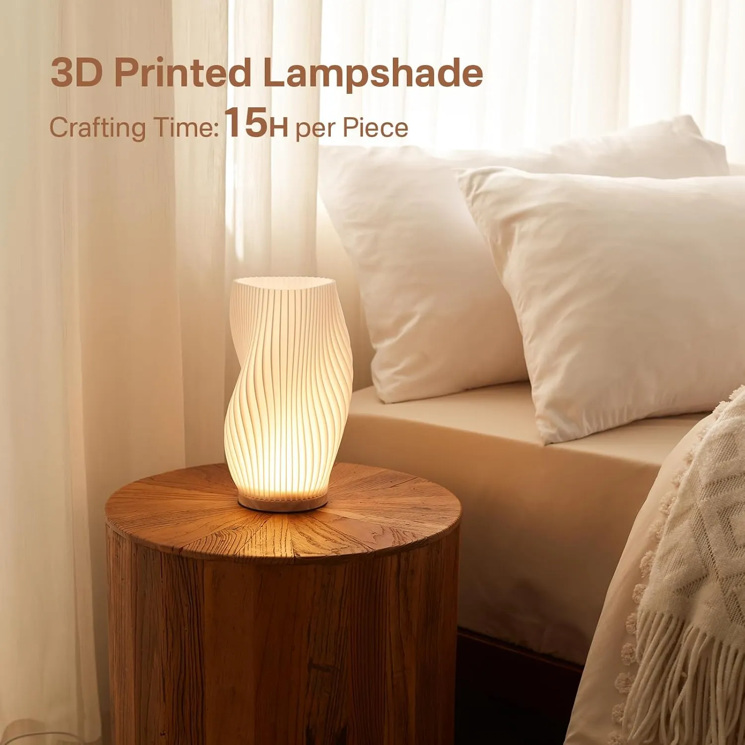 Bedside Lamp with Woodbase - Button Control Table Lamp for Bedroom 12 Way Dimmable Nightstand Lamp with PLA Lampshade for Living Room, Kids Room, College Dorm, Office (White-C, Large)