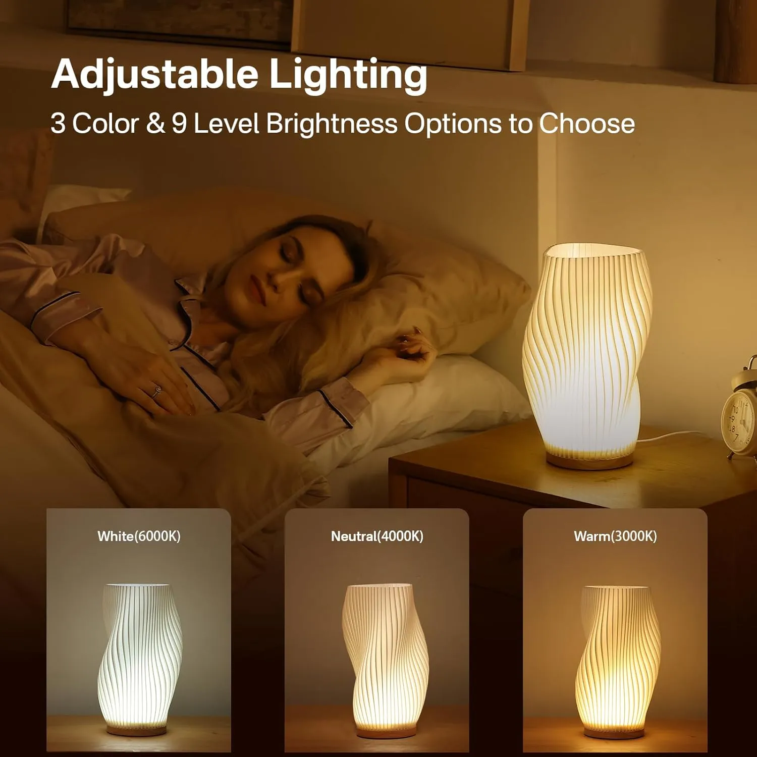 Bedside Lamp with Woodbase - Button Control Table Lamp for Bedroom 12 Way Dimmable Nightstand Lamp with PLA Lampshade for Living Room, Kids Room, College Dorm, Office (White-C, Large)