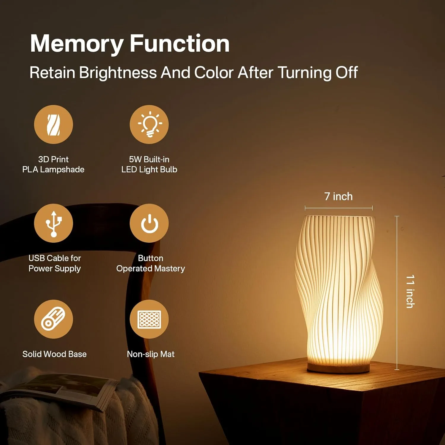 Bedside Lamp with Woodbase - Button Control Table Lamp for Bedroom 12 Way Dimmable Nightstand Lamp with PLA Lampshade for Living Room, Kids Room, College Dorm, Office (White-C, Large)