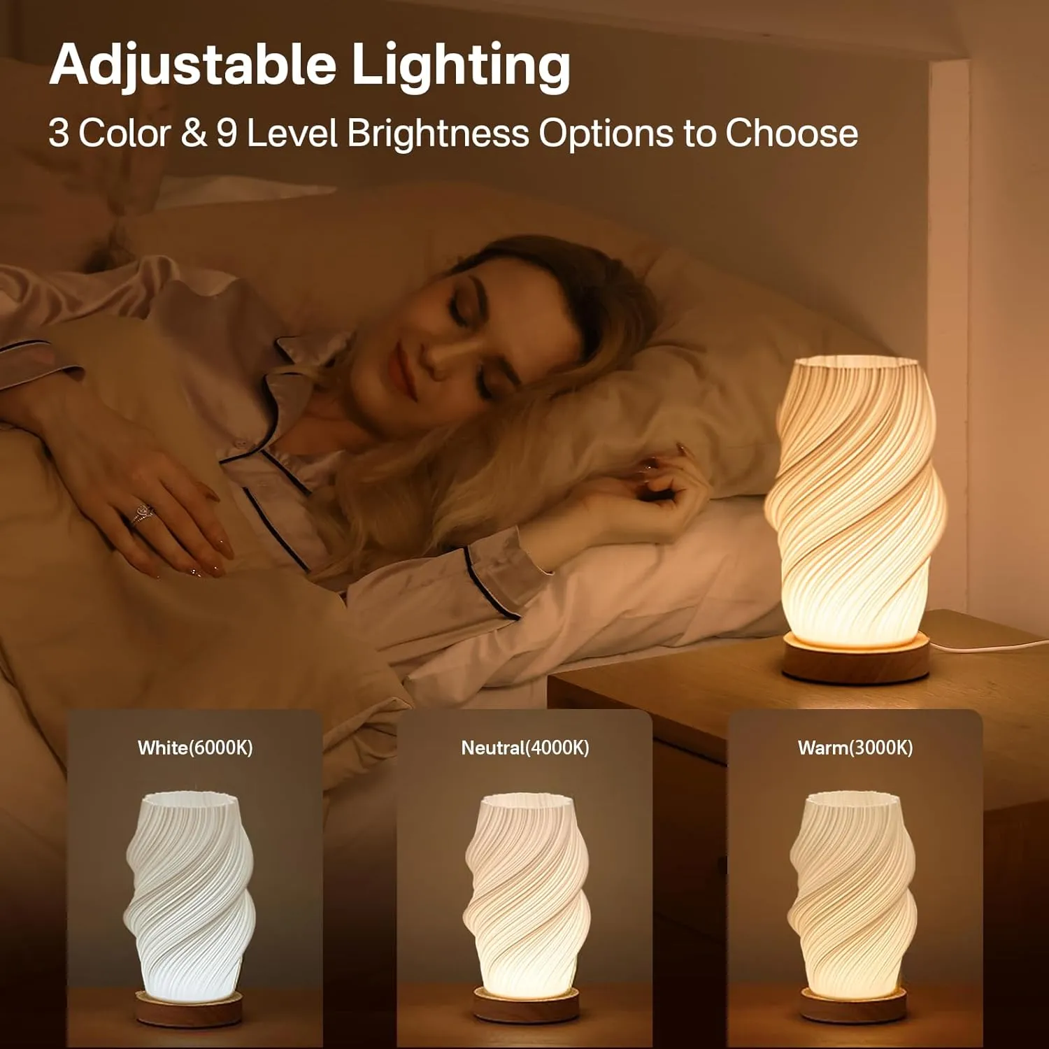 Bedside Lamp with Woodbase - Button Control Table Lamp for Bedroom 12 Way Dimmable Nightstand Lamp with PLA Lampshade for Living Room, Kids Room, College Dorm, Office (White-E, Medium)