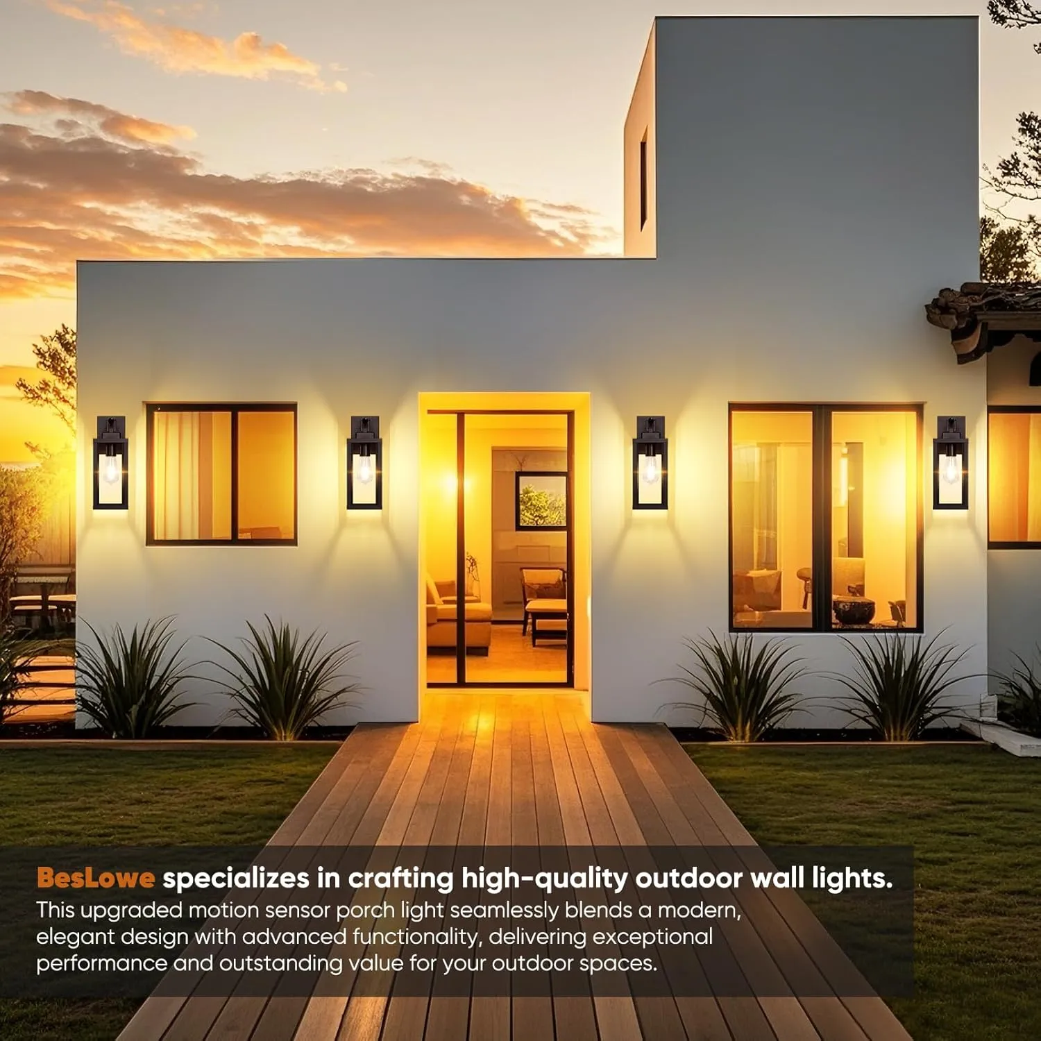 BesLowe 14” Upgraded Motion Sensor Outdoor Wall Lights, Dusk to Dawn Porch Lights Outdoor Wall Sconces, 3 Lighting Modes Exterior Lighting Fixtures with Hooks, Brown Outside Lights for House, 2-Pack