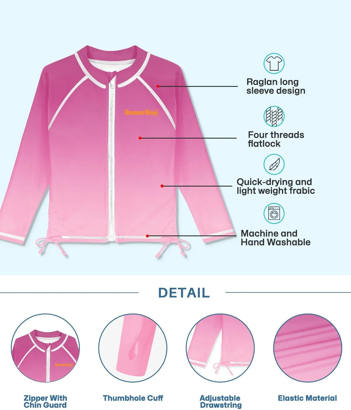 BesserBay Girls UPF 50  Zip Up Long Sleeve Ruched Side Adjustable Drawstring Thumb Holes Swim Shirt 4-14 Years