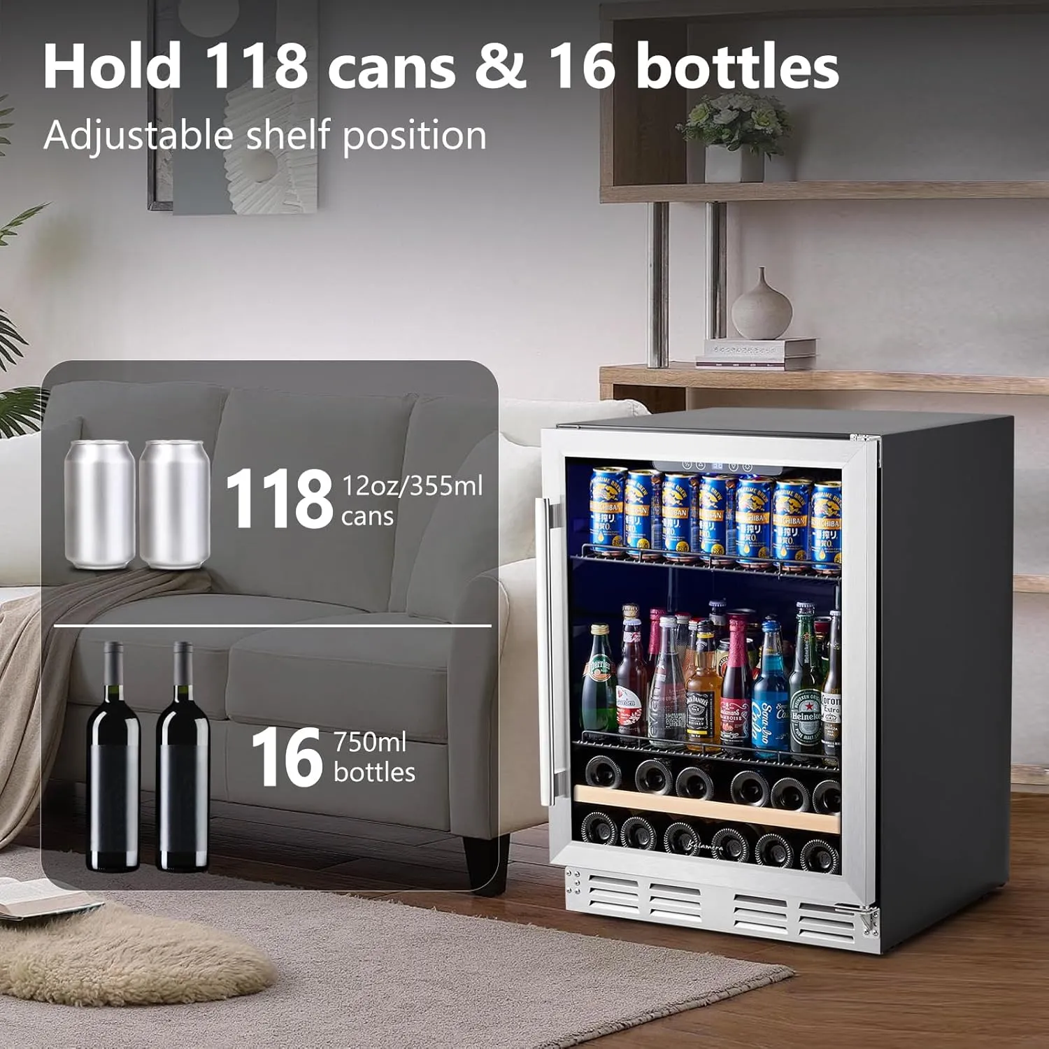 Beverage Fridge 24 Inch Beverage and Wine Cooler Built-in or Freestanding - 120 Cans & 16 Bottles Capacity Wine Refrigerator Cooler