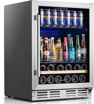 Beverage Fridge 24 Inch Beverage and Wine Cooler Built-in or Freestanding - 120 Cans & 16 Bottles Capacity Wine Refrigerator Cooler