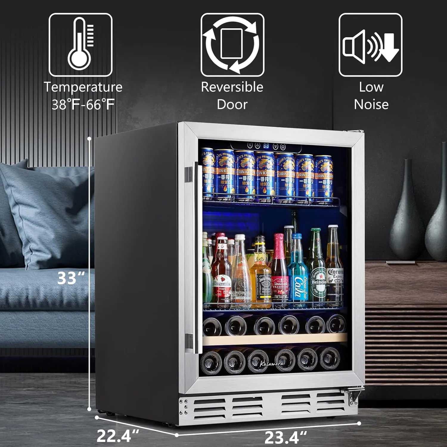 Beverage Fridge 24 Inch Beverage and Wine Cooler Built-in or Freestanding - 120 Cans & 16 Bottles Capacity Wine Refrigerator Cooler