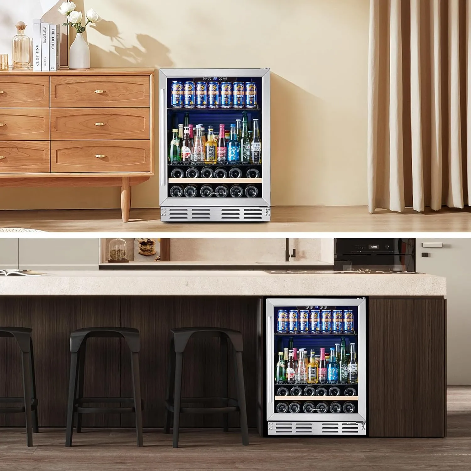Beverage Fridge 24 Inch Beverage and Wine Cooler Built-in or Freestanding - 120 Cans & 16 Bottles Capacity Wine Refrigerator Cooler