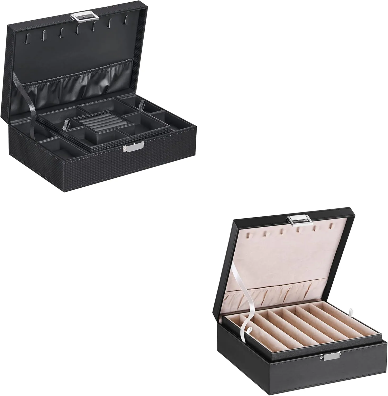 BEWISHOME Jewelry Box Organizer with 4 Watch Case Necklace Organizer Box Necklace Holder for Chains, Bracelets Black