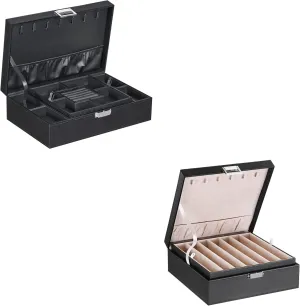 BEWISHOME Jewelry Box Organizer with 4 Watch Case Necklace Organizer Box Necklace Holder for Chains, Bracelets Black