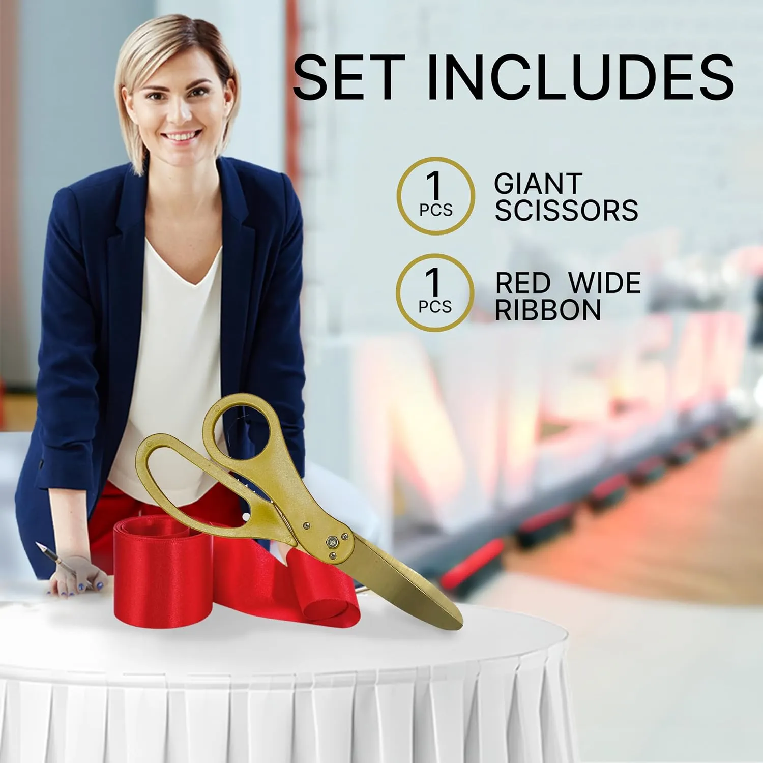 Big Grand Opening Ceremonial Kit - Oversize 20 Inch Gold Ribbon Cutting Scissors with Golden Blade Red Satin Ribbon and Box for Special Events Business Openings and Inauguration
