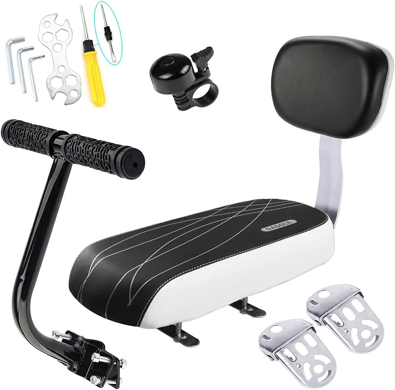 Bike Child Seat Kit, Included Bike Rear Seat Cushion with Safety Cycling Backrest   Backseat Armrest Handrail   Foldable Hidden Bicycle Footrests   Universal Handlebar Bell   Installing Tools