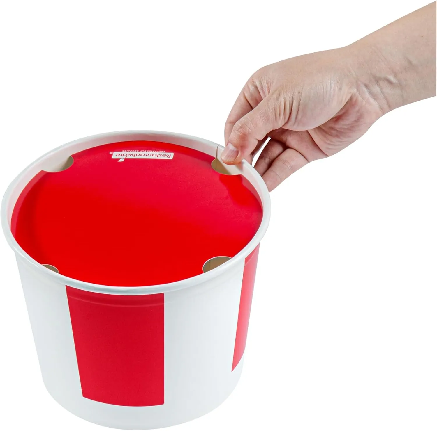 Bio Tek 85 Ounce Chicken Buckets With Lids, 25 Greaseproof Paper Disposable Buckets - Vented Lids, Freezable, Red And White, For Restaurants And Cafes