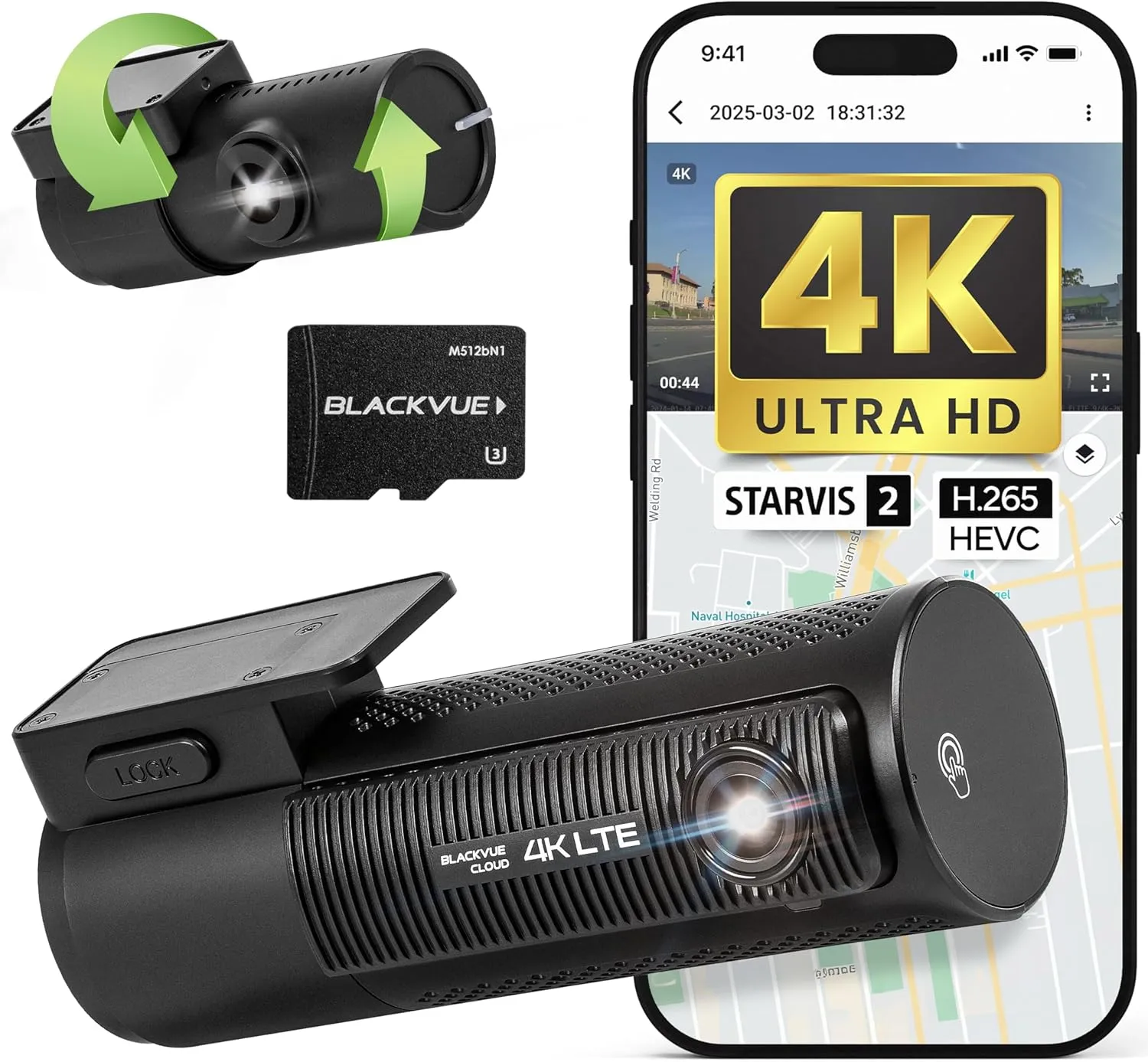 BlackVue DR970X-2CH LTE NA 64GB | 2 Channel 4K LTE Cloud Dashcam | Easy Cloud connectivity with Built-in Nano SIM Card | WiFi GPS, Cloud Connectivity | LTE Dashcam Front and Rear