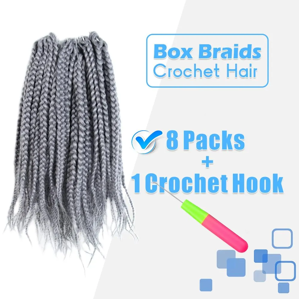 BOHOBABE Box Braids Crochet Hair 10 Inch 8 Packs Prelooped, Short Grey Crochet Box Braiding Hair (Gray)