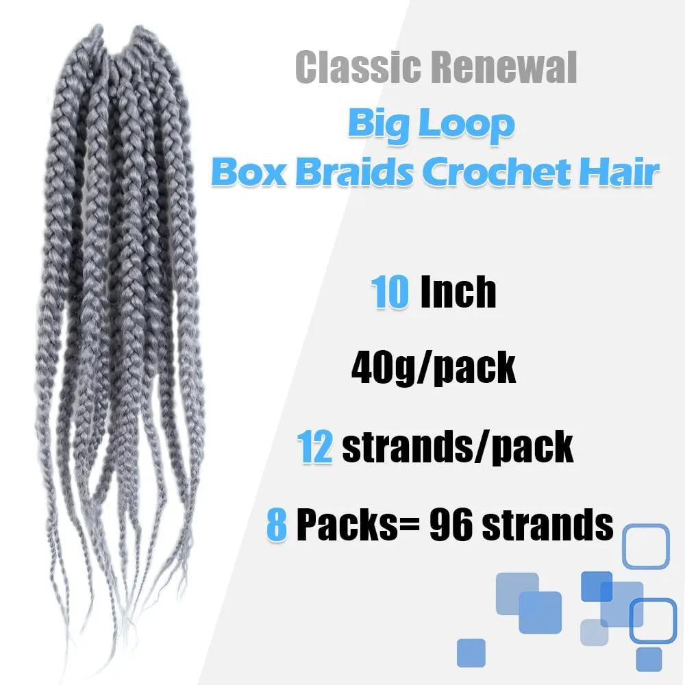 BOHOBABE Box Braids Crochet Hair 10 Inch 8 Packs Prelooped, Short Grey Crochet Box Braiding Hair (Gray)