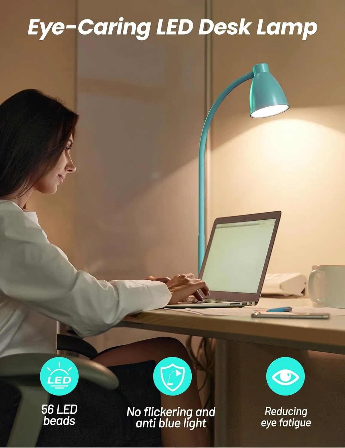 BOHON LED Desk Lamp with USB Charging Port, 3 Color Modes Fully Dimmable Reading Lamp, Auto Dimming Task Lamp, Flexible Gooseneck Table Light for Office Dorm Bedside, Adapter Include, Teal