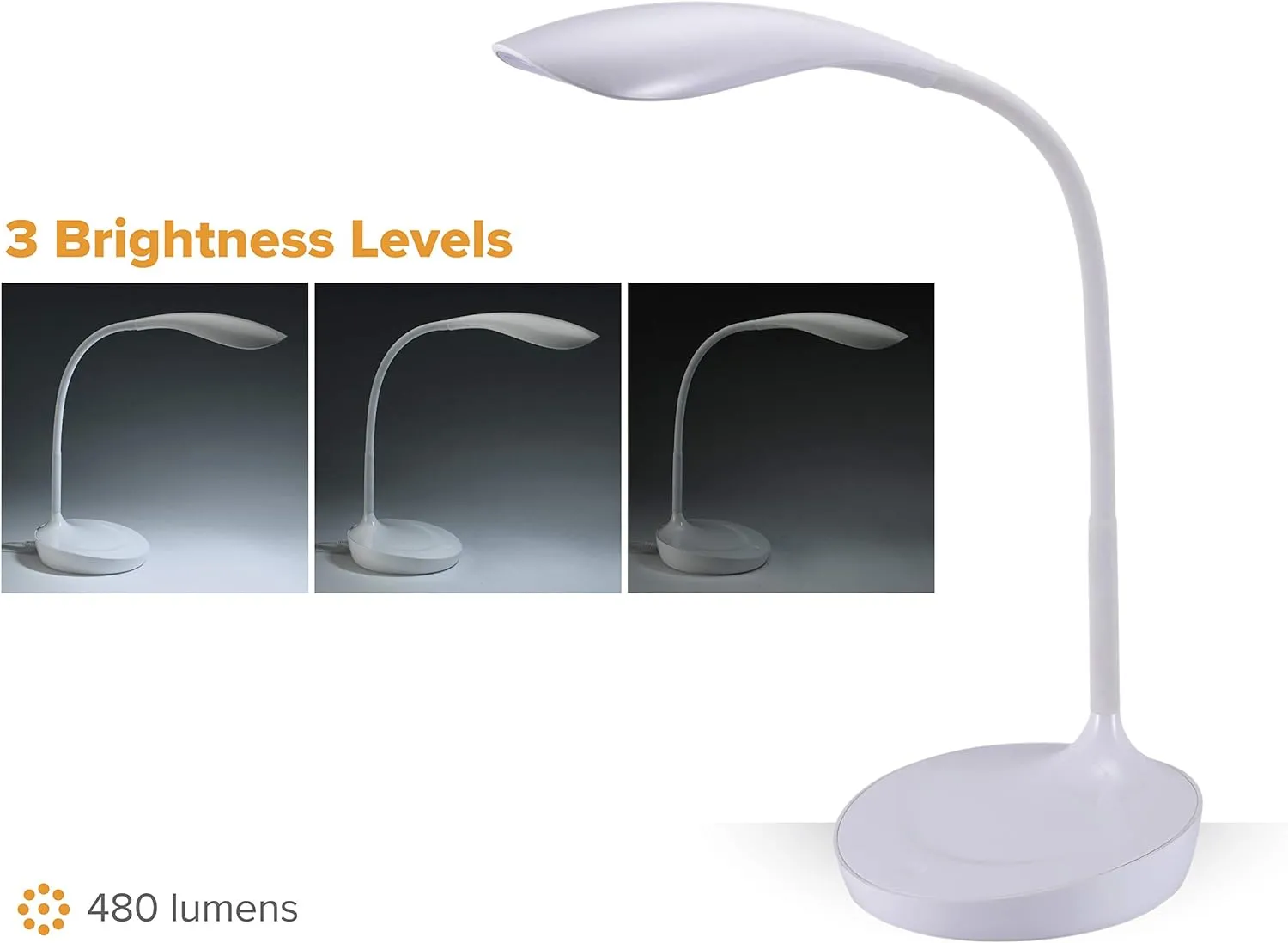 Bostitch Office LED Gooseneck Desk Lamp with USB Charging Port, 3 Dimming Levels, Touch Control, White (VLED1502-WHITE)