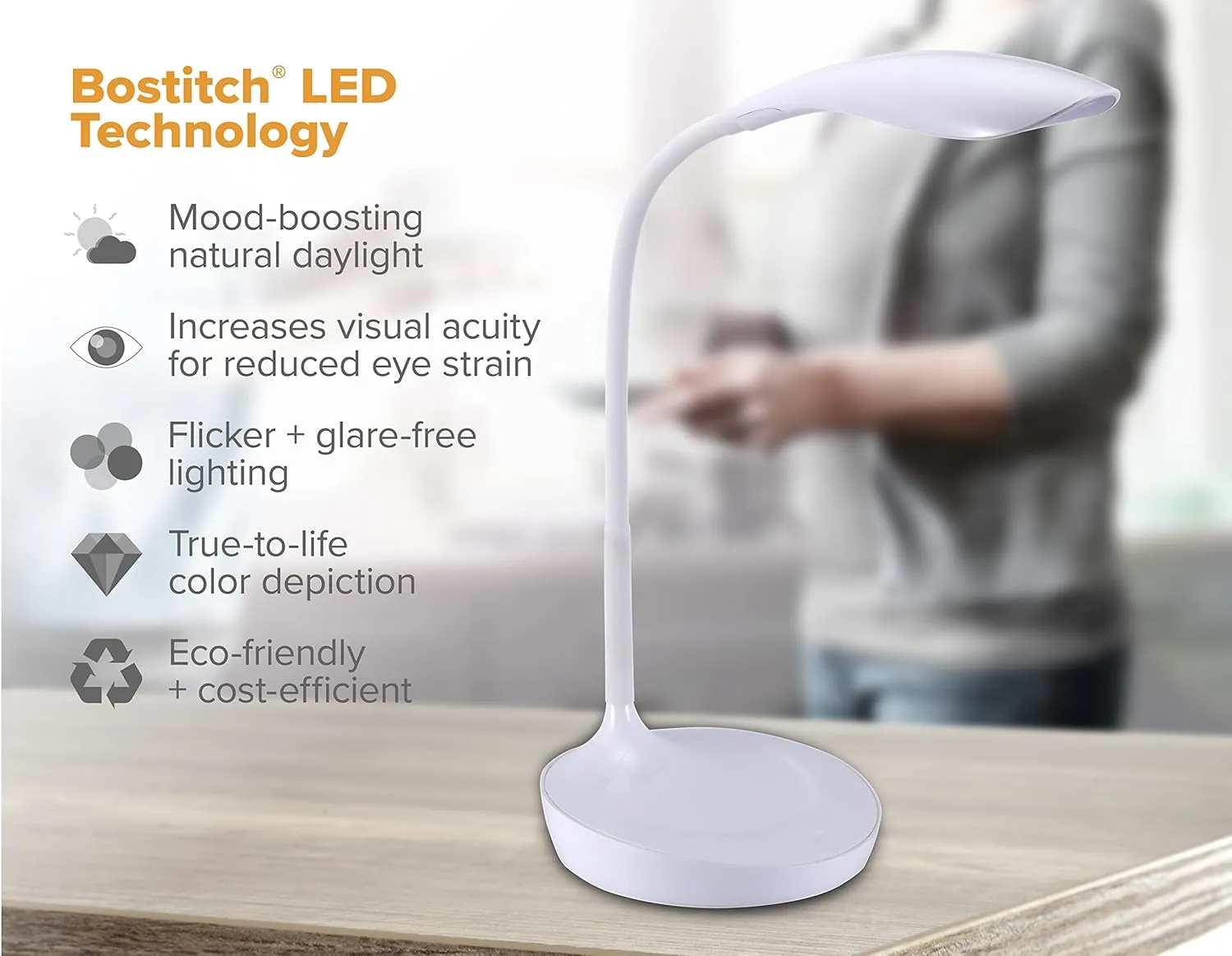 Bostitch Office LED Gooseneck Desk Lamp with USB Charging Port, 3 Dimming Levels, Touch Control, White (VLED1502-WHITE)